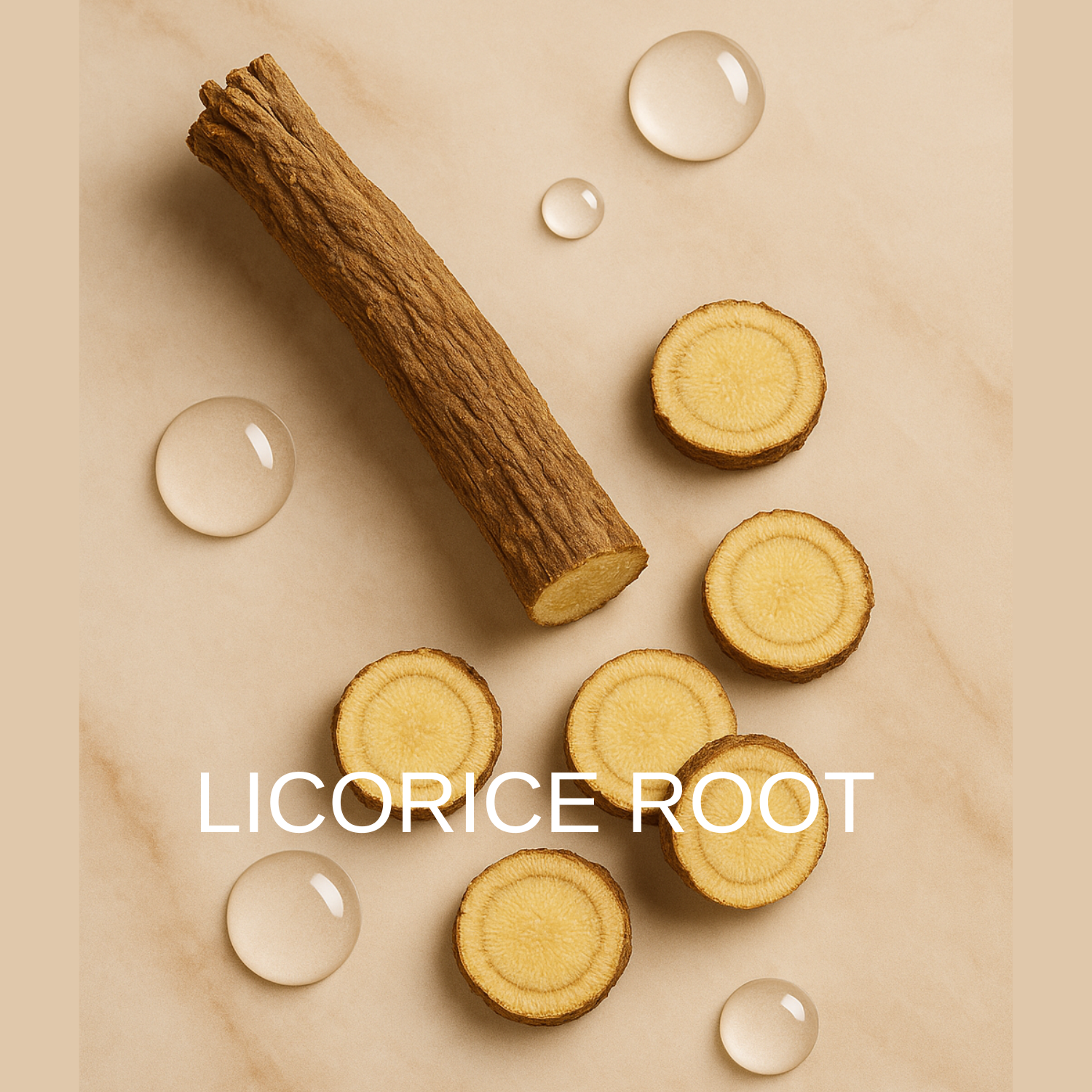Licorice root on a beige background with droplets