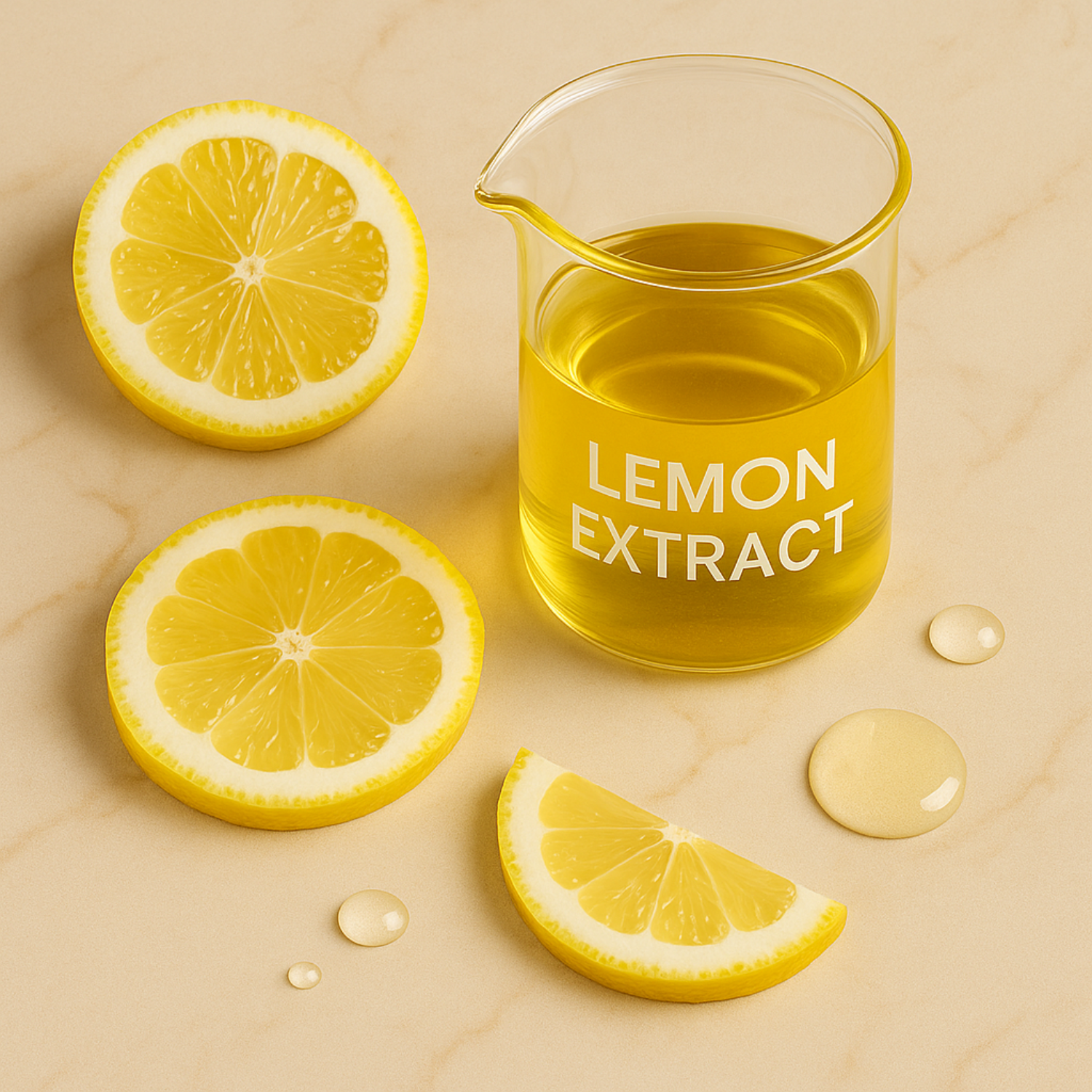 Glass container labeled 'Lemon Extract' with sliced lemons on a beige background