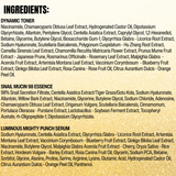 List of ingredients for a dynamic toner, snail mucin 98 essence, and luminous mighty punch serum on a beige background.