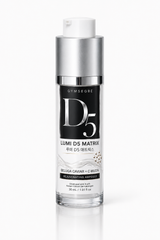 Gymsegbе D5 Lumi D5 Matrix serum bottle with a silver and black label, white pump, and clear glass base on a white background.