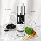 Gymseobe D5 Lumi DS Matrix Rejuvenating Ampoule centered on a white background, surrounded by ingredient callouts and small ingredient illustrations including beluga caviar, C-mucin, hyaluronic acid, and centella + propolis.