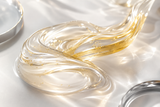 A close-up of snail mucin, resting on a white surface with soft light reflections.