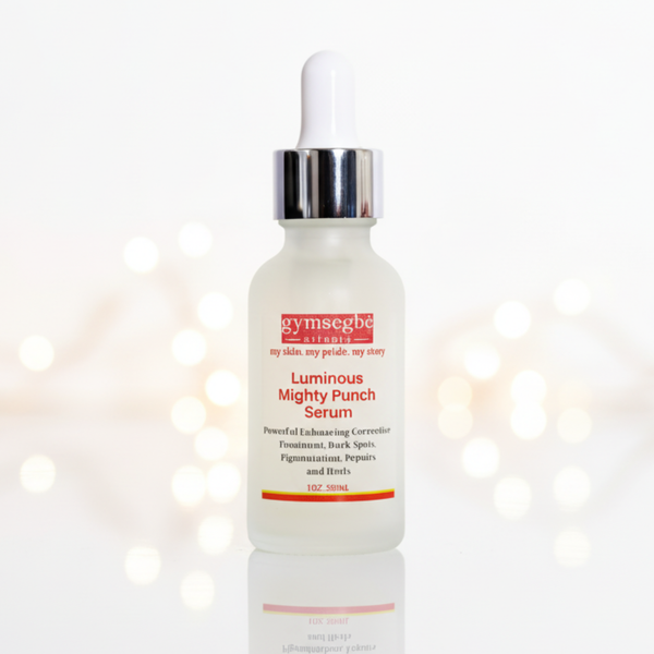 Skincare serum bottle labeled 'Luminous Mighty Punch Serum' on a white background