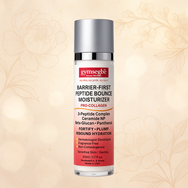 Gymsegbe Barrier-First Peptide Bounce Moisturizer bottle on a beige background