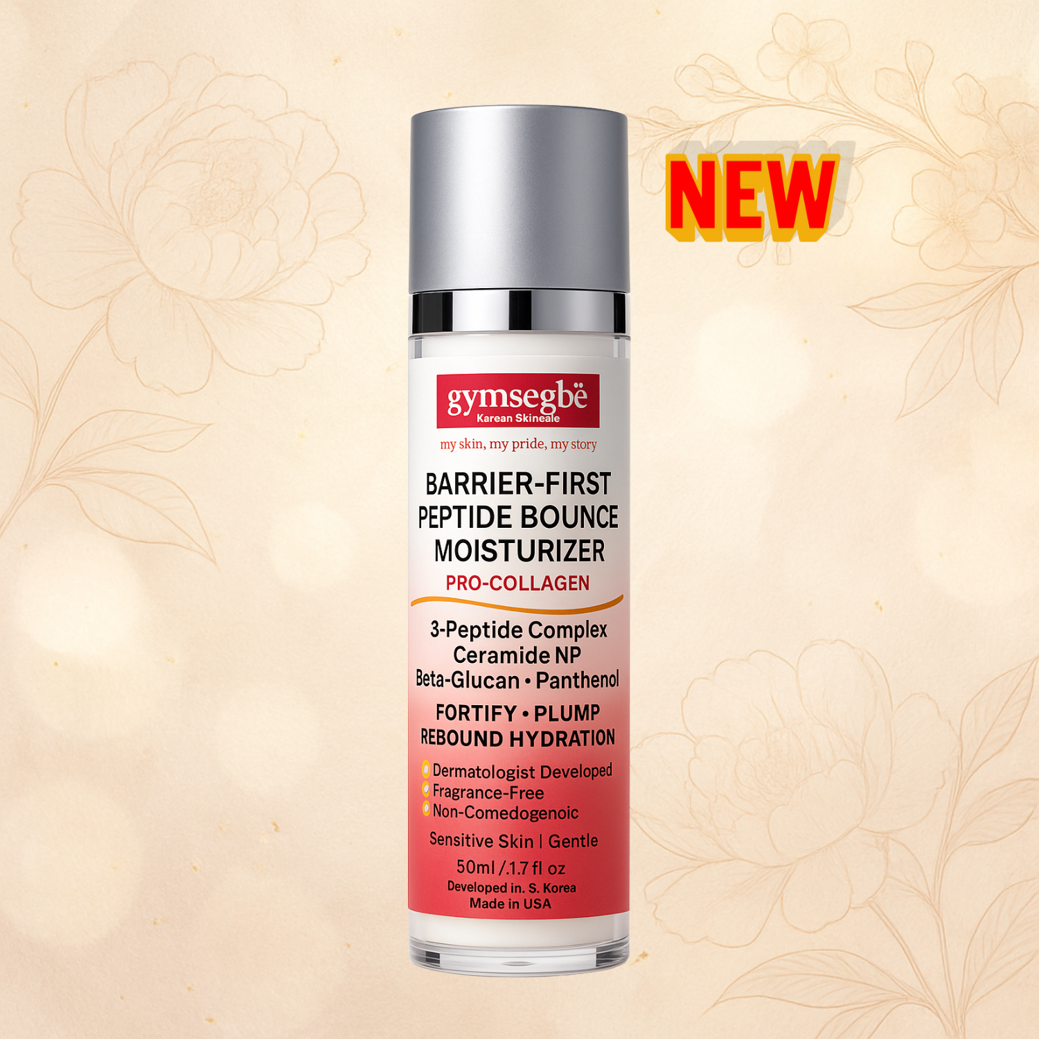 Gymsegbe Barrier-First Peptide Bounce Moisturizer bottle on a beige background