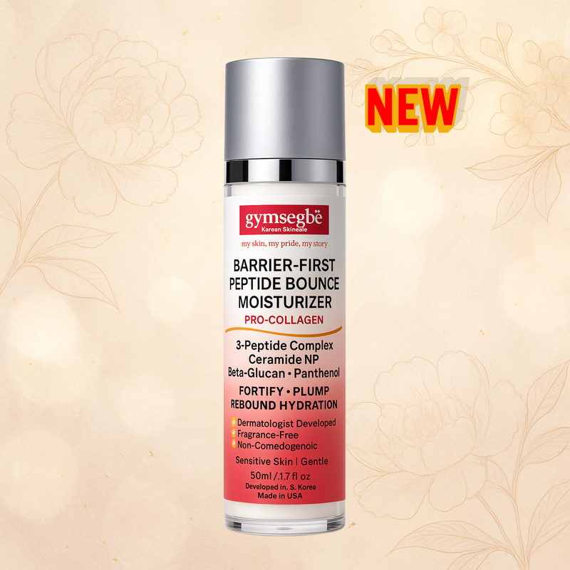 Gymsegbe Barrier-First Peptide Bounce Moisturizer bottle on a beige background