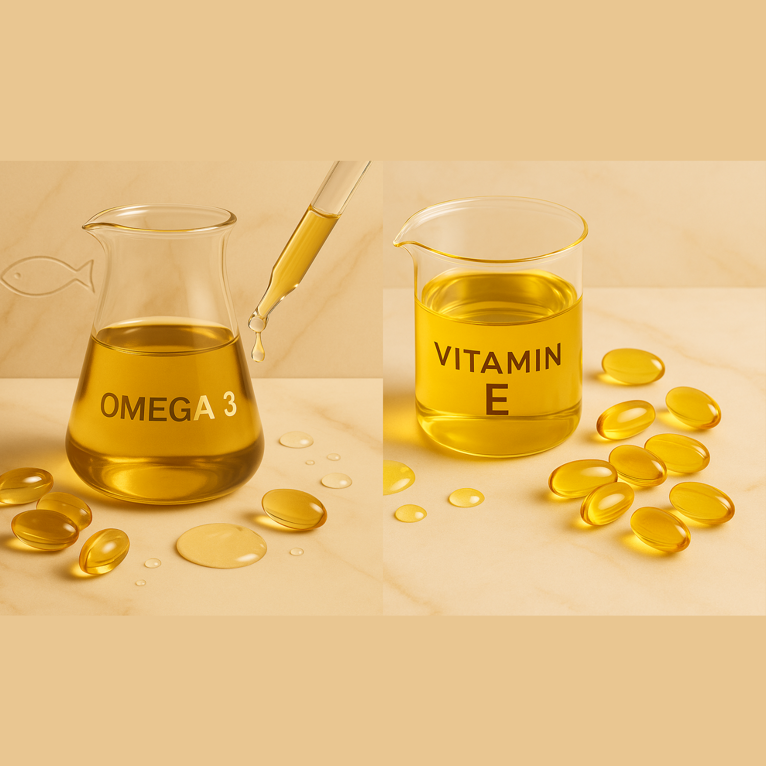 Two beakers labeled 'Omega 3' and 'Vitamin E' with capsules on a beige background