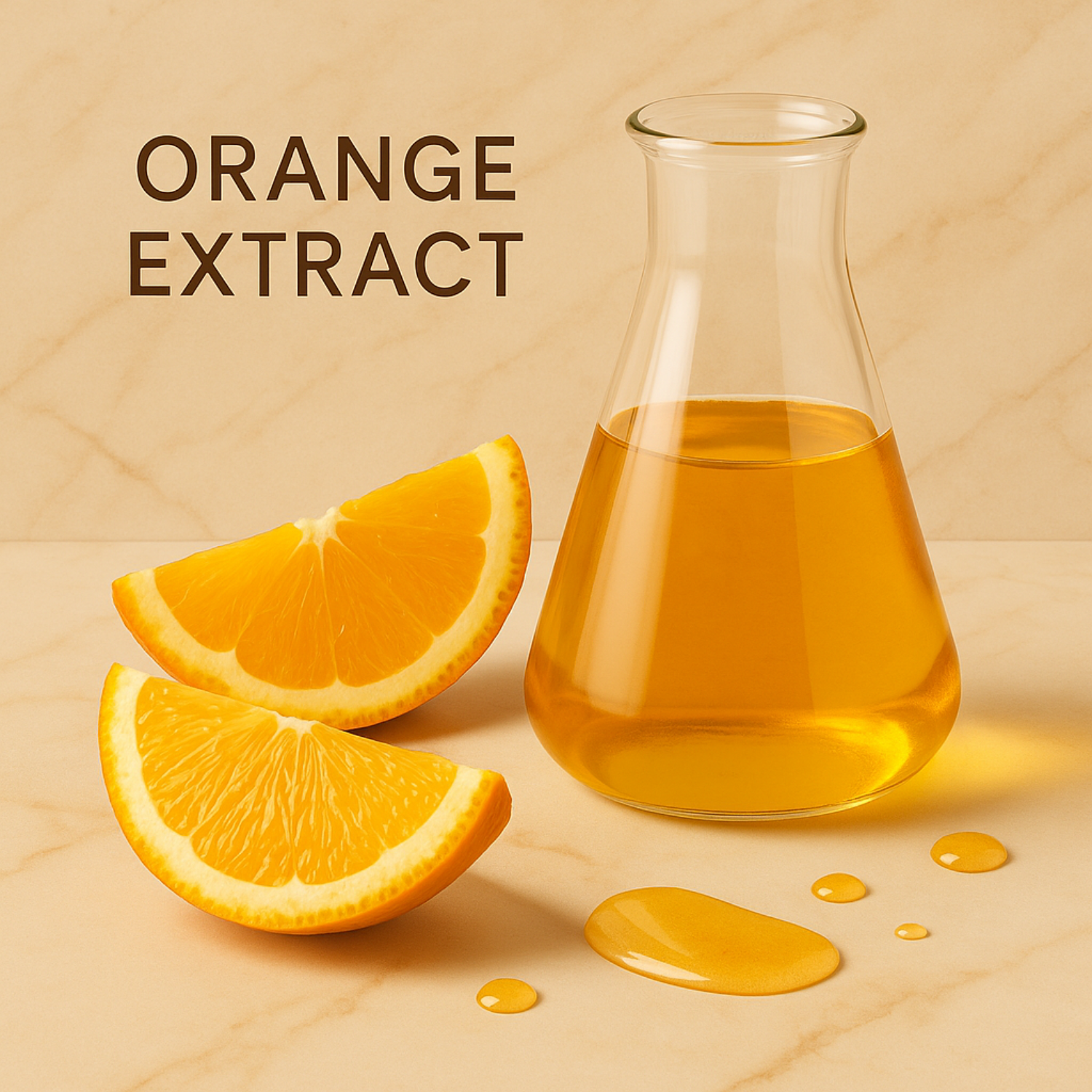 Glass carafe of orange extract with orange slices on a beige background