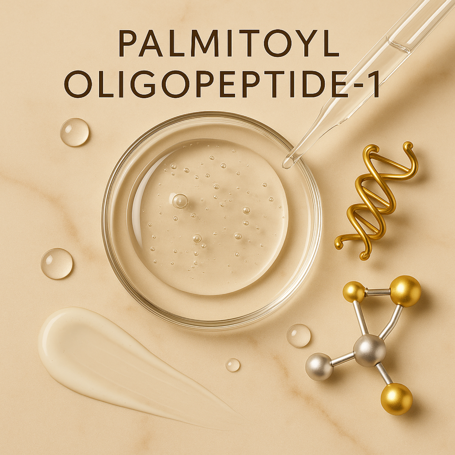 Cosmetic jar withPalmitoyl Oligopeptide-1, dropper, and molecular model on a beige background