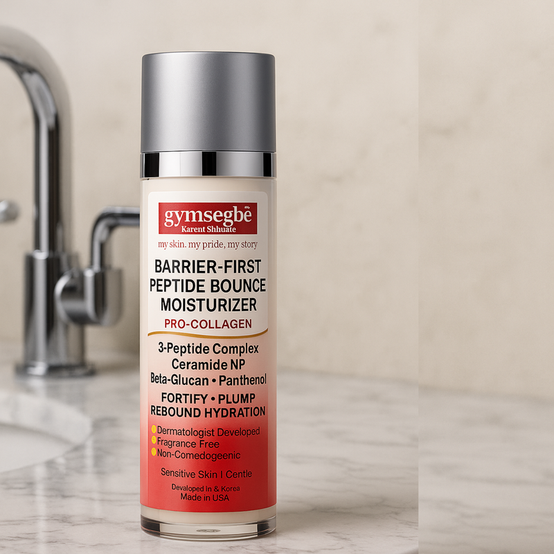 Gymsegbe Barrier-First Peptide Bounce Moisturizer bottle on a bathroom counter.