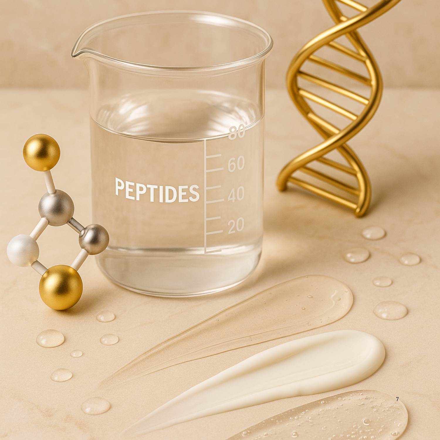 Beaker labeled 'PEPTIDES' with a peptide molecule model and DNA double helix on a beige background.
