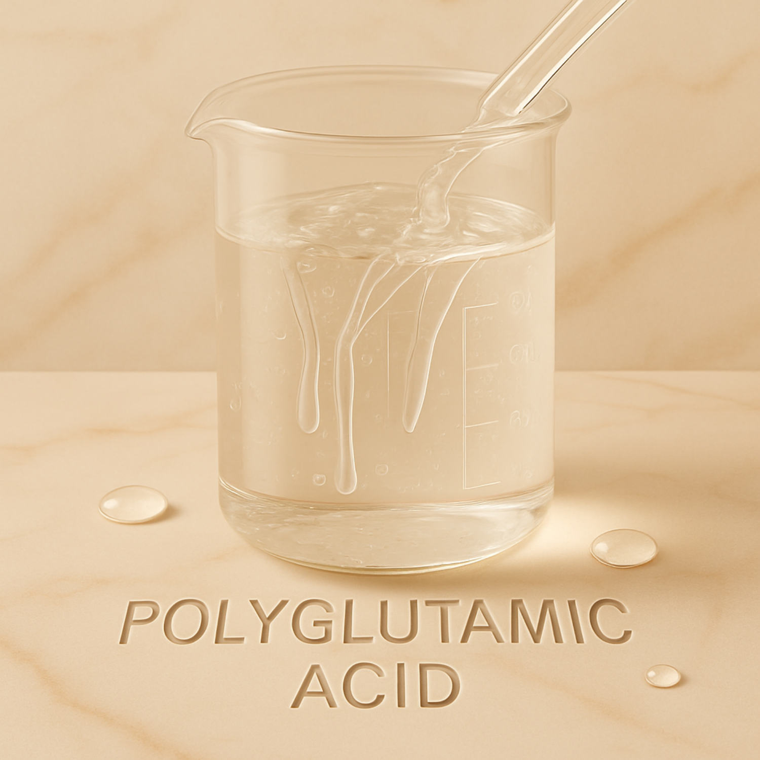 Glass beaker with polyglutamic acid on a beige background