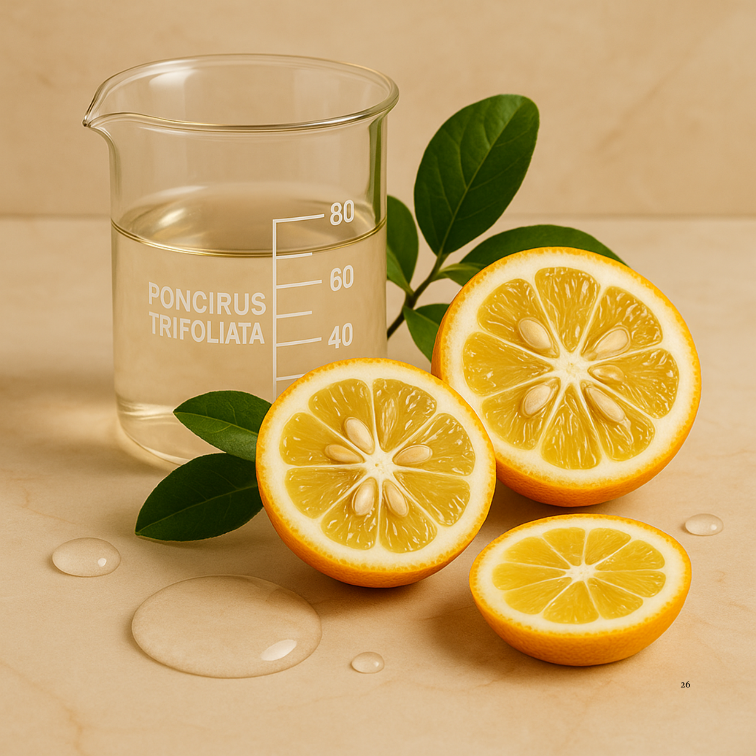 Glass beaker with lemon juice labeled 'Poncirus trifoliata' next to sliced lemons on a beige background.