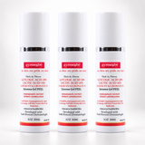 Three white skincare bottles of gymsegbé Thick As Thieves Glycolic Acid 20% Lactic Acid 10% Serum Hyaluronate 3% Extreme Gel Peel, arranged symmetrically on a white background.