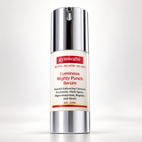 Gymsegbé Luminous Mighty Punch Serum in a 1oz (30ml) cylindrical pump bottle with a silver metallic finish and a cream-colored label.