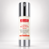 Gymsegbé Luminous Mighty Punch Serum in a 2oz 60ml pump bottle with a silver metallic cap and base, and a cream-colored label with red and black text.