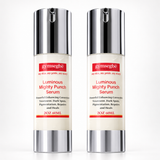 Two bottles of gymsegbé Luminous Mighty Punch Serum side by side on a white background. The bottles have reflective silver caps and bases with a cream-colored center label featuring red text.
