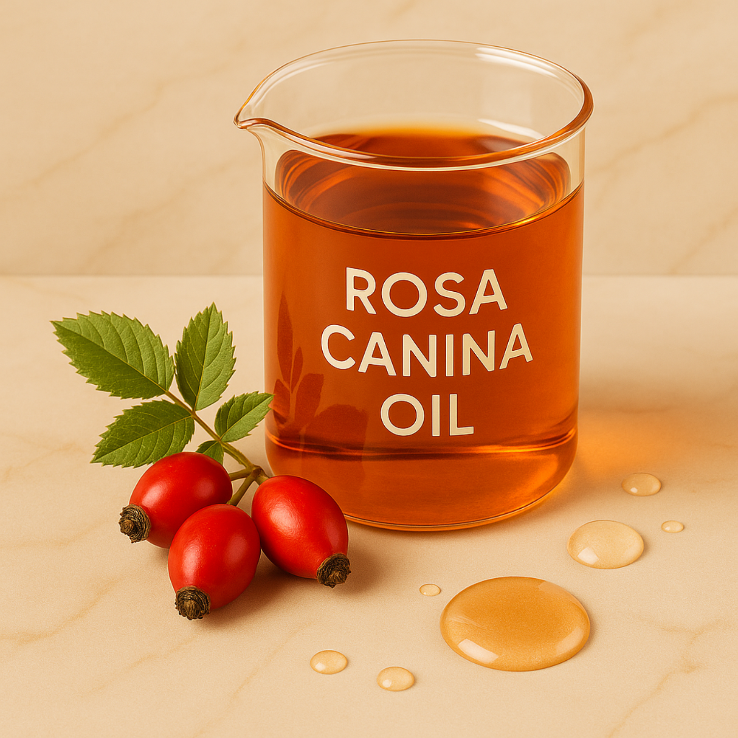 Glass container labeled 'Rosa Canina Oil' with rosehips on a beige background