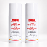 Two white cylindrical bottles of Gymsegbé Habaek Sun Protection Face Moisturizer SPF 50 Broad Spectrum UVA UVB, displayed side-by-side on a white background.