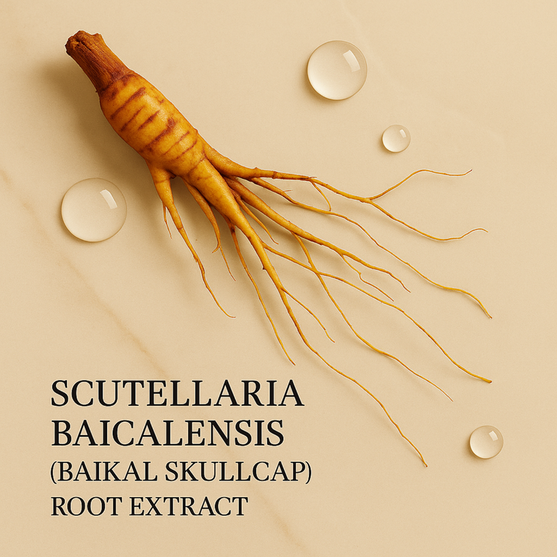 Scutellaria baicalensis root with water droplets on a beige background