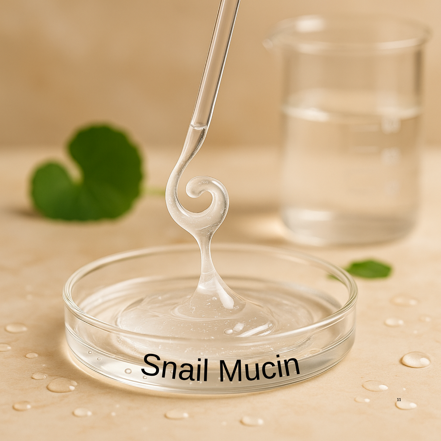 Snail mucin being dripped into a petri dish with a glass container and green leaves in the background.