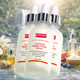 Three bottles of 60ml  gymsegbe Luminous Mighty Punch Serum with a natural background.