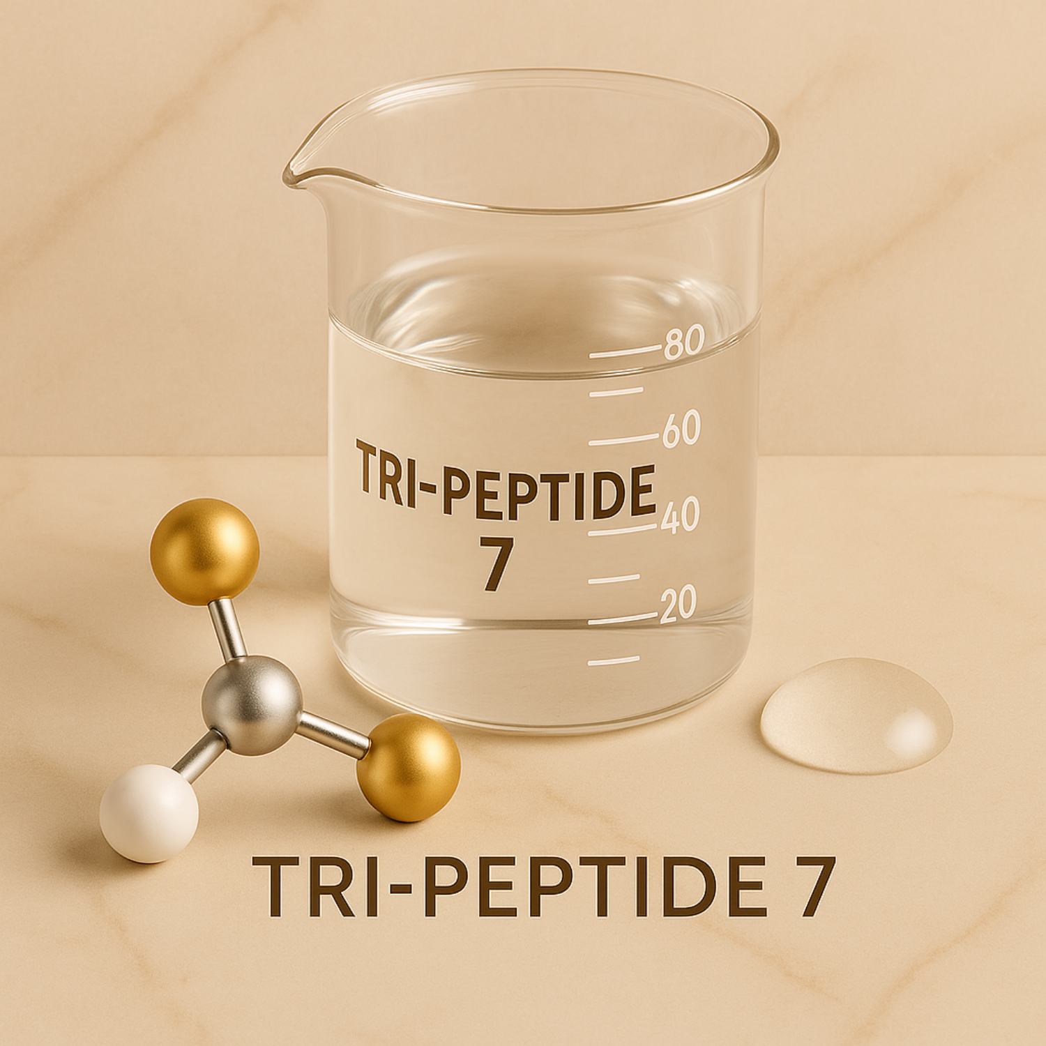 Beaker labeled 'TRI-PEPTIDE 7' with molecular model on a beige background