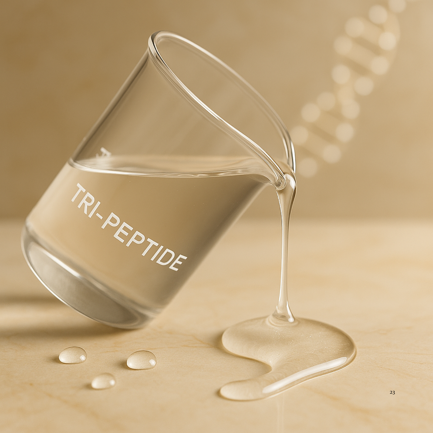 Glass container labeled 'TRI-PEPTIDE' with a beige liquid on a beige background