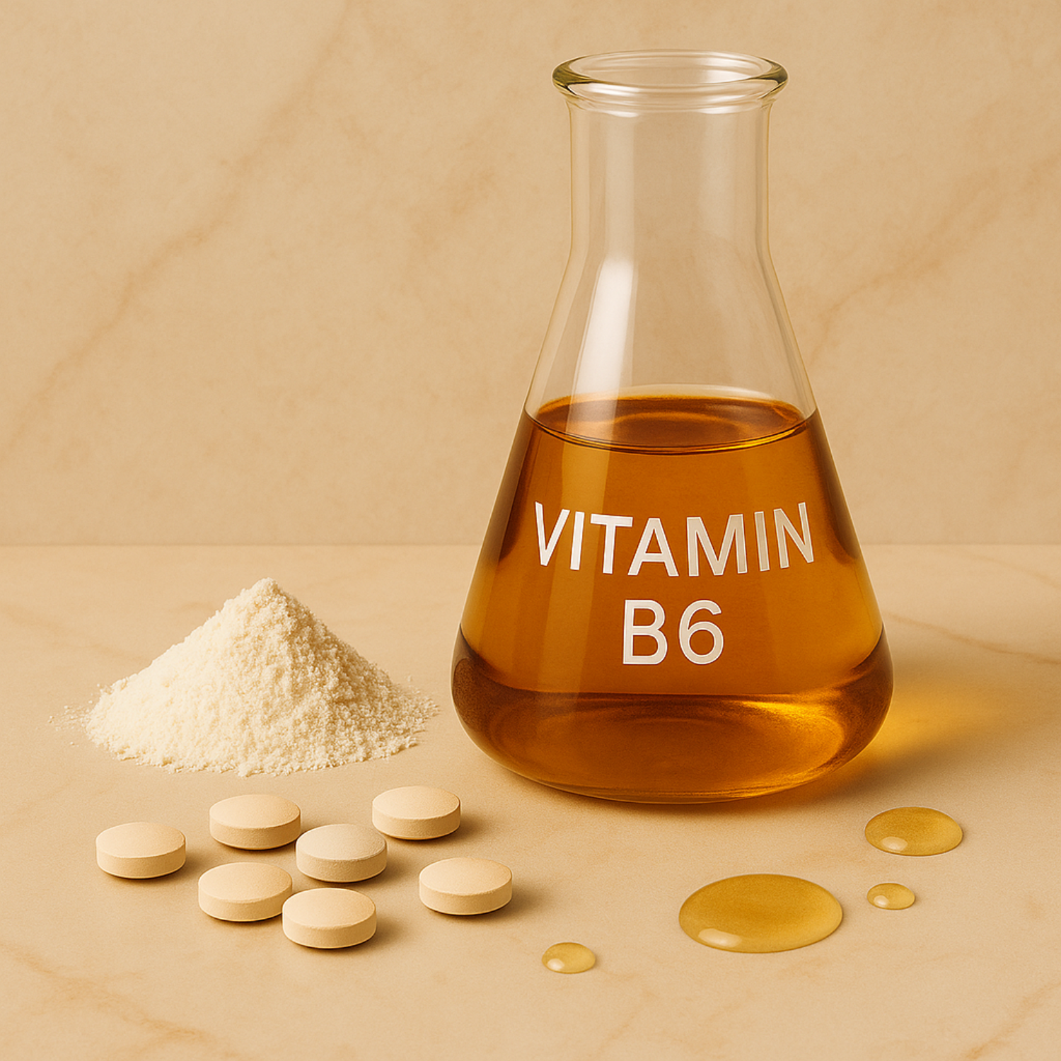 Vitamin B6 supplement with citamin C powder on a beige background