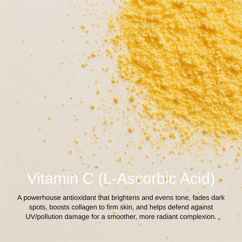 Yellow powder with text about Vitamin C (L-Ascorbic Acid) on a beige background