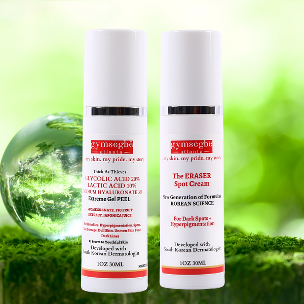 Two skincare products acid peel and eraser spot cream with greenery in the background