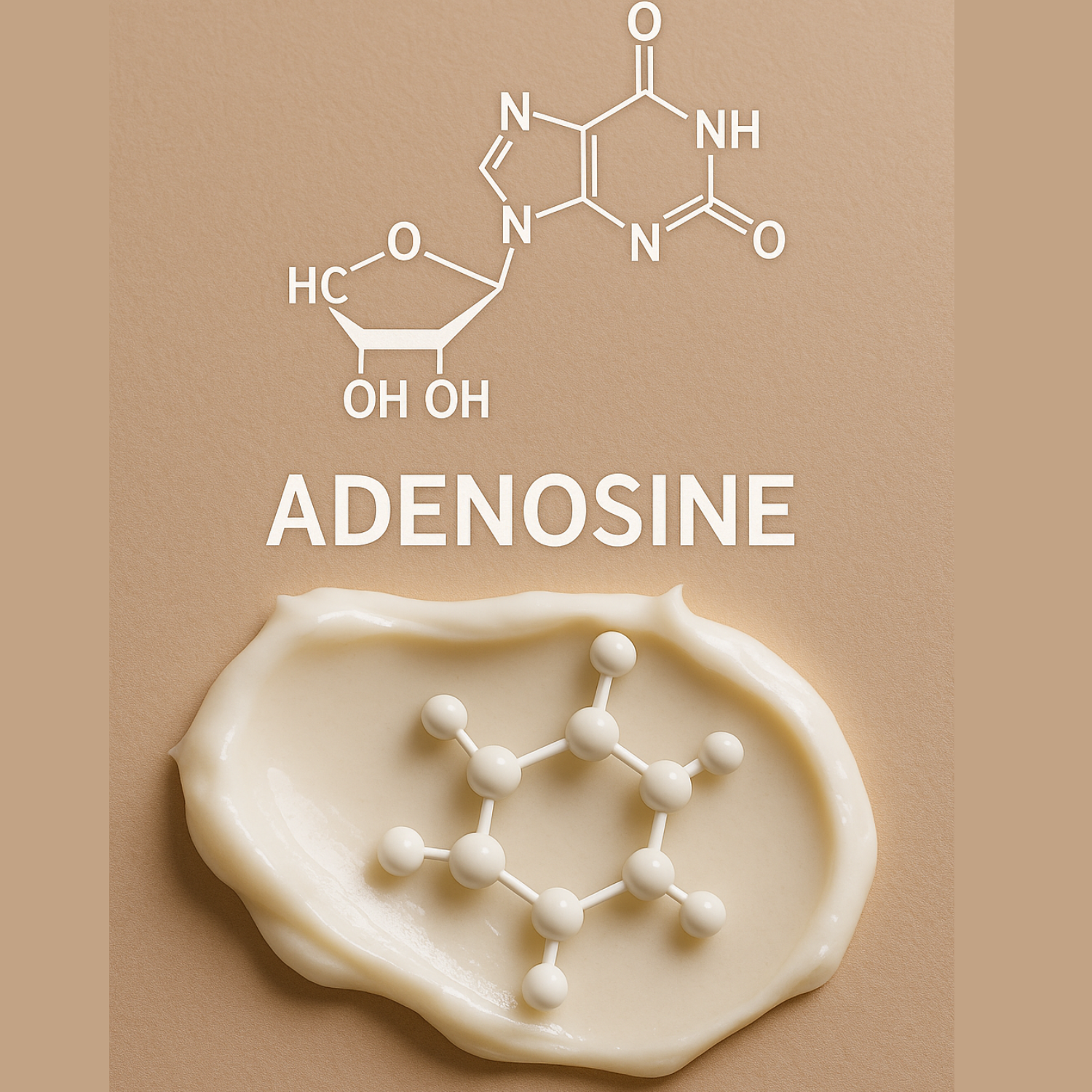 Molecular model of adenosine with a beige background