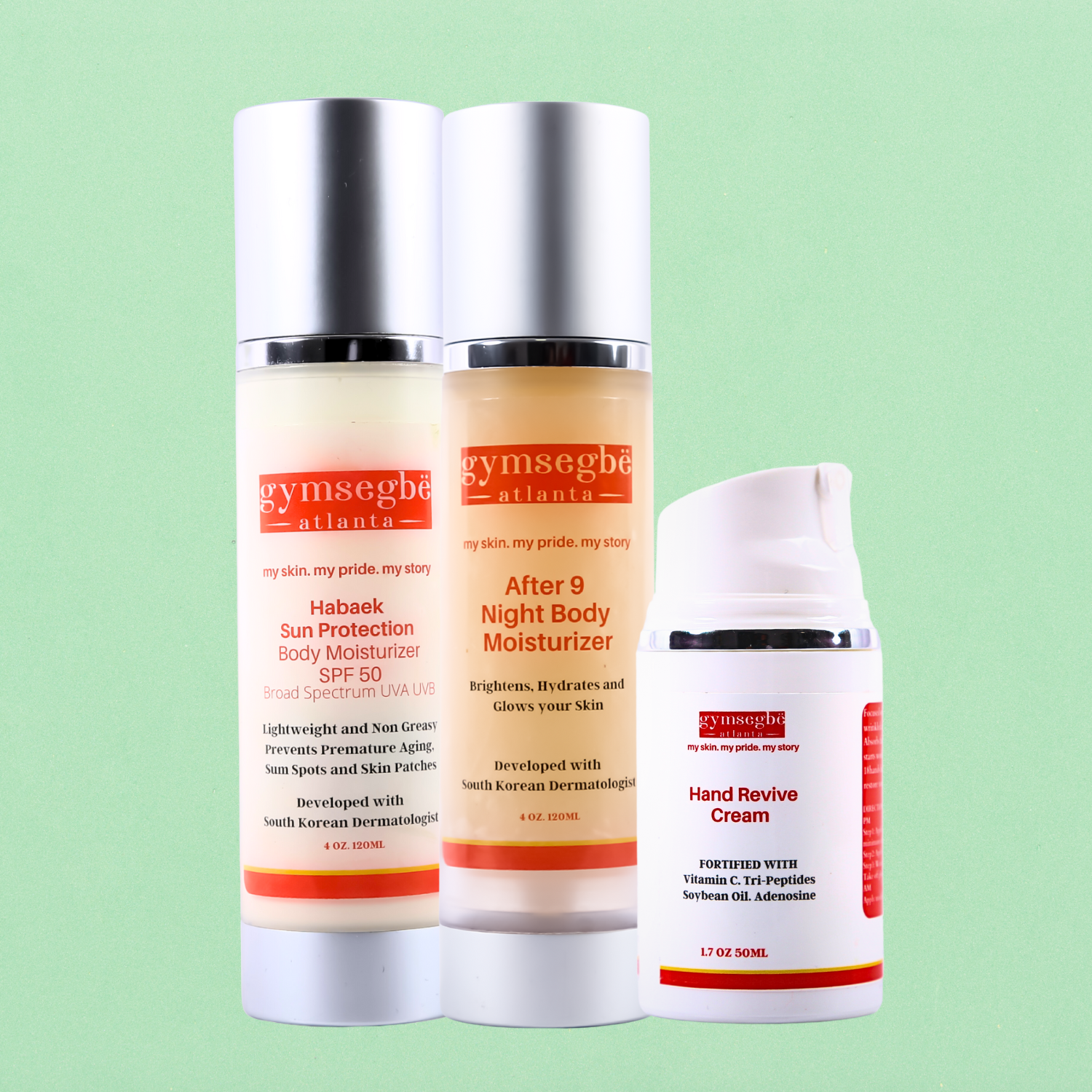 Three skincare products from Gymsegbe Korean  Skincare on a light green background