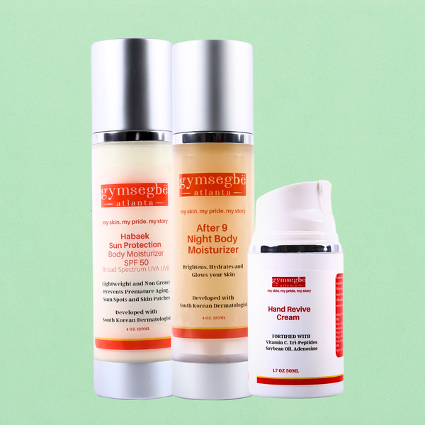 Three skincare products from Gymsegbe Korean  Skincare on a light green background