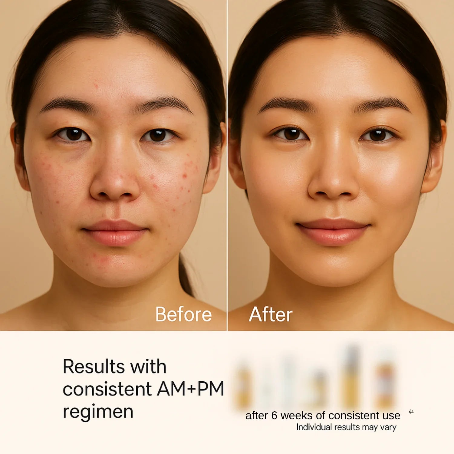 Before and after comparison of a woman's face with text indicating results from a consistent AM+PM regimen.