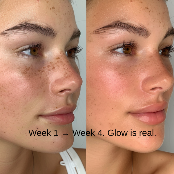 Before and after comparison of a woman's face with text indicating time progression and effect.