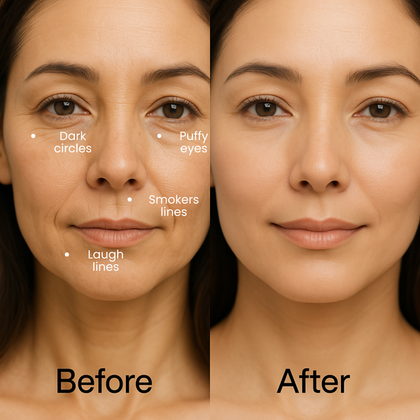 Before and after comparison of a woman's face with visible skin concerns.