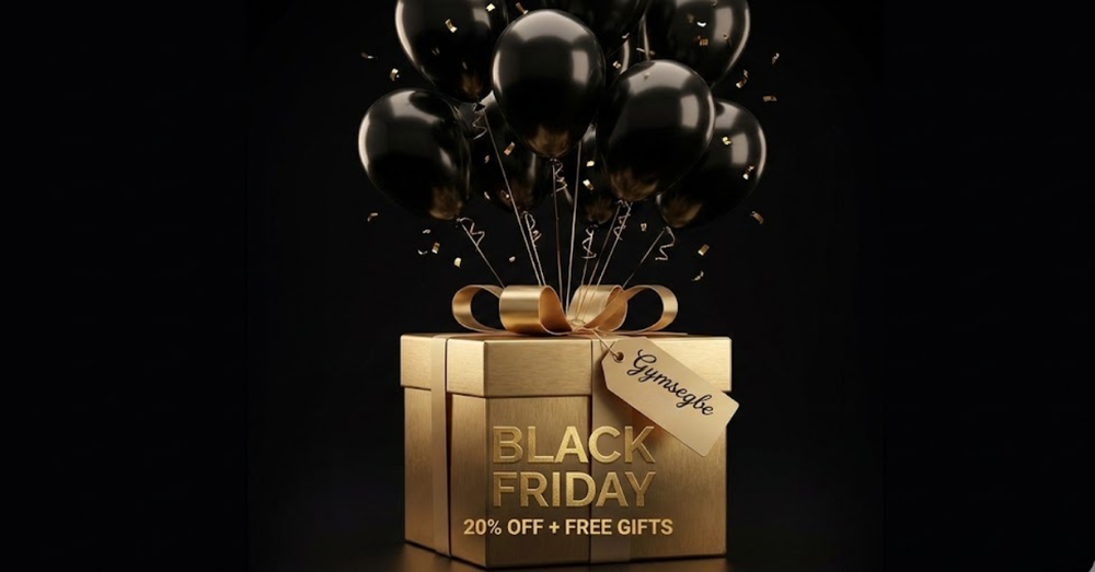 Gold gift box with black balloons and 'Black Friday' offer on a dark background