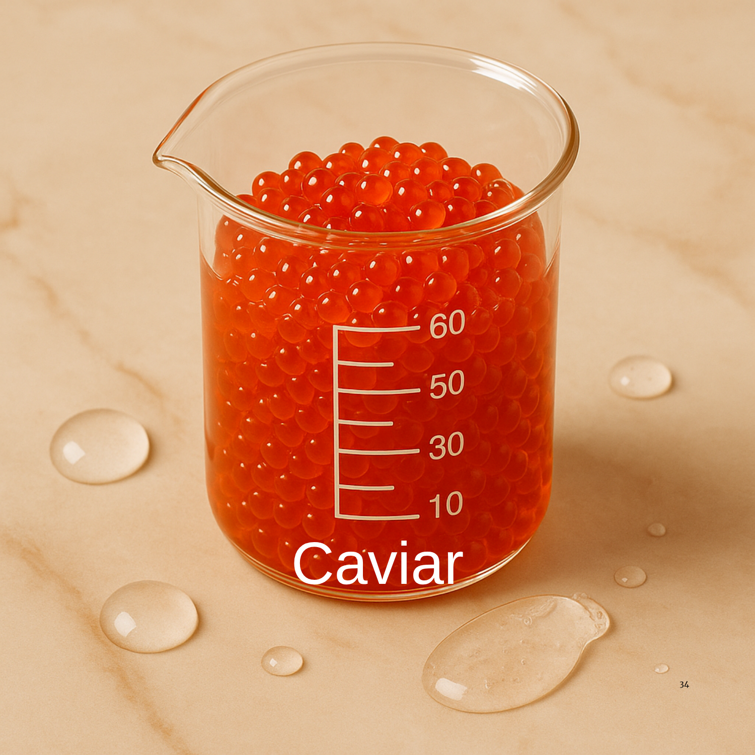 Beaker filled with red caviar on a beige background