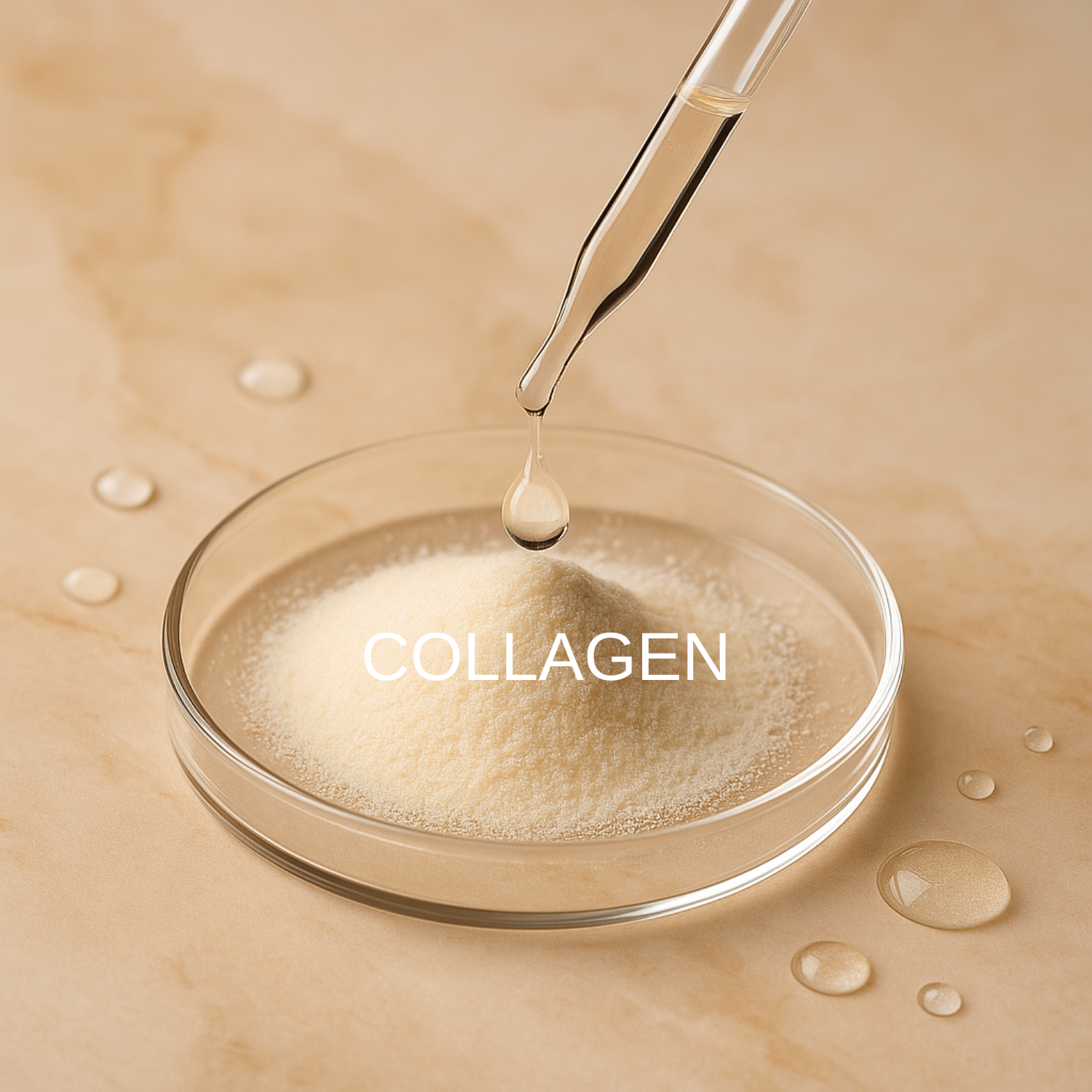 Collagen powder in a petri dish with a dropper adding liquid, set against a beige background.