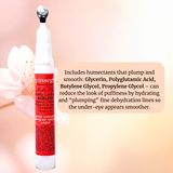 Skincare serum bottle with text about glycerin, polyglutamic acid, butylene glycol and propylene glycol  on a pink background