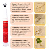 Cosmetic serum with text describing its ingredients and benefits on a white background