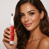 Woman holding the new gymsegbe eye cream silver tip cold pump bottle  with a plain background