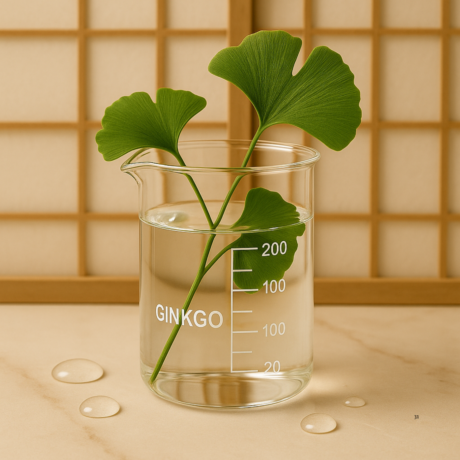 Clear beaker with ginkgo leaves on a wooden surface and background