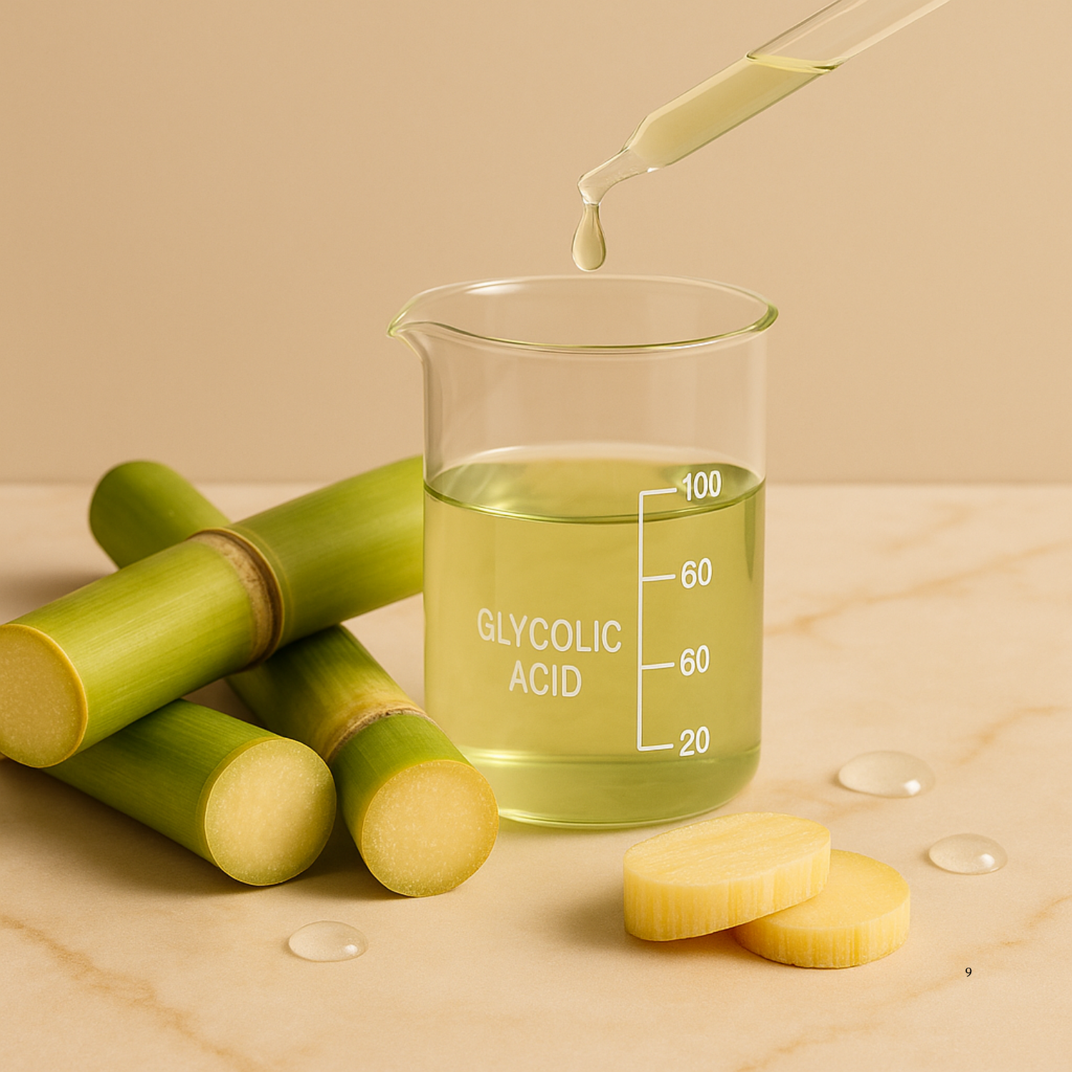 Beaker of glycolic acid with green sugarcane and slices on a beige background