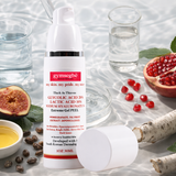 Gymsegbe glycolic lactic acid peel with pomegranate, fig, and water glasses on a white background