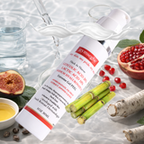 Gymsegbe glycolic lactic acid peel with ingredients like figs, pomegranate, and green sticks on a textured surface.