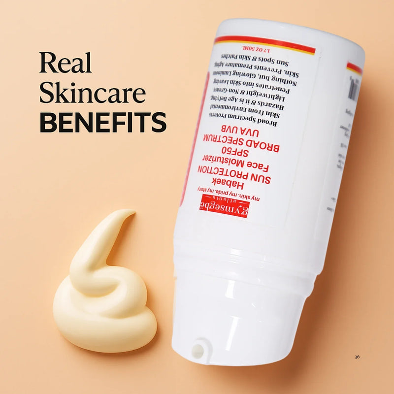 Sunscreen tube with cream and 'Real Skincare Benefits' text on a beige background
