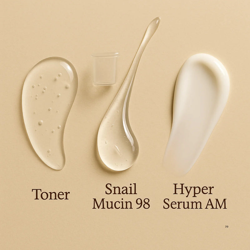 Three droplets of skincare products labeled 'Toner', 'Snail Mucin 98', and 'Hyper Serum AM' on a beige background.
