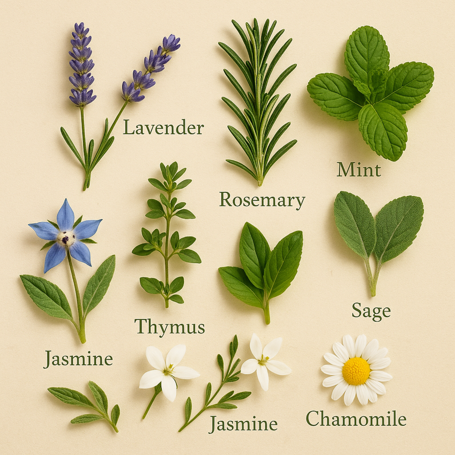 Illustration of various herbs and flowers with labels on a beige background